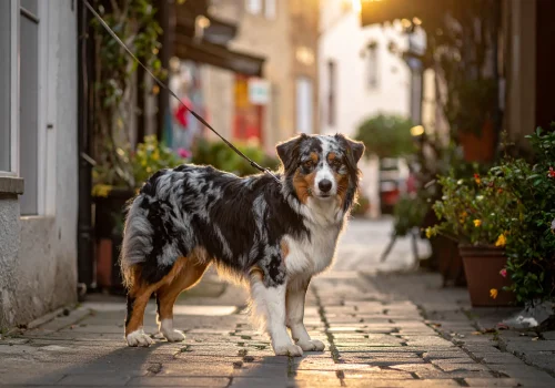 Australian shepherd walking politely on leash through the Village shops, ignoring nearby distractions.
