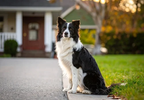 Border collie sitting calmly at the edge of a driveway, respecting invisible boundary.
