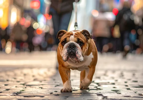 Bulldog practicing loose-leash walking through Folly’s crowded streets, calm and steady.