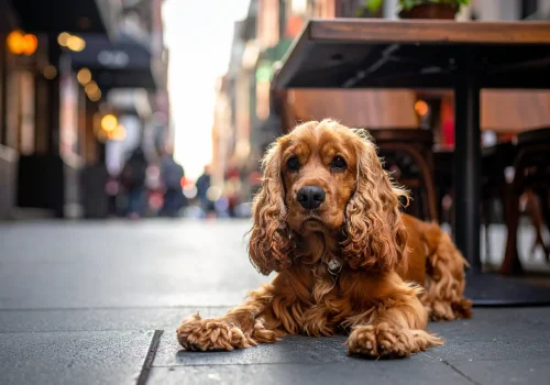 Cocker spaniel calmly lying under a restaurant table downtown, relaxed amidst crowd.