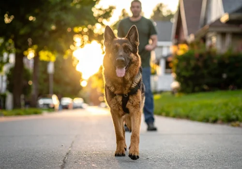 German shepherd calmly walking through a neighborhood street, no leash, owner waiting.