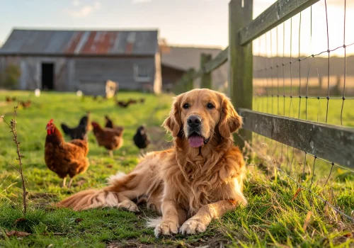Golden retriever resting by a wooden fence near a small farm field, chickens and rust