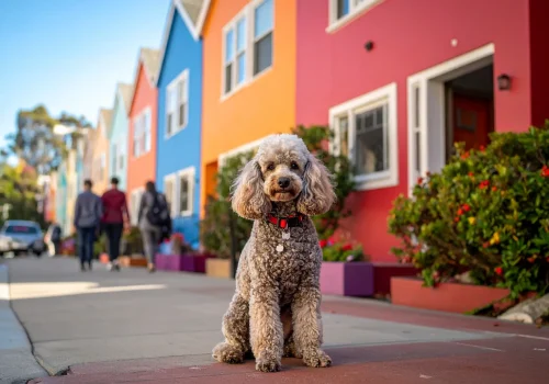 Poodle holding a sit-stay on Rainbow Row sidewalk, colorful homes behind, tourists walking behind.