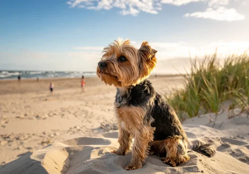 Small terrier holding a perfect sit-stay near beach dunes while kids play in the distance.